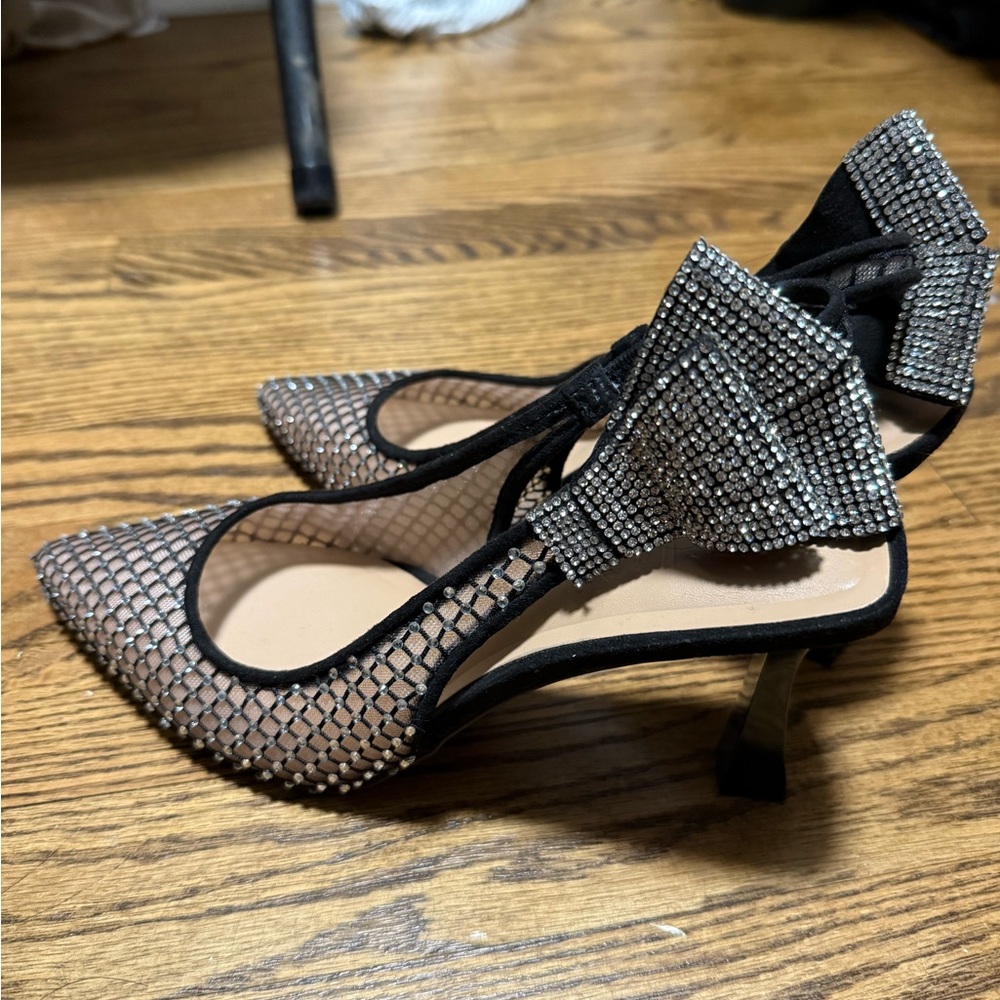 INC International Concepts Black and Silver Glitter Heels with Bow
